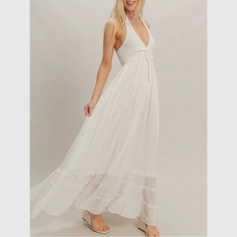 Halter Neck Smocked Maxi Dress - White